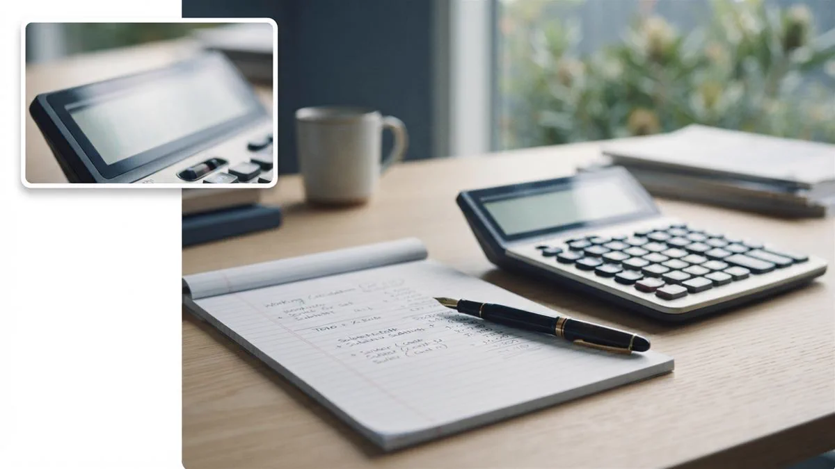 A worked calculation on paper showing a superannuation balance, a threshold and a resulting percentage.